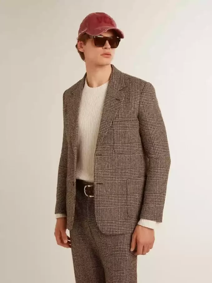 Blazer gri cu un singur rând de nasturi pentru bărbați, din lână cu model houndstooth Blazer gri cu un singur rând de nasturi pentru bărbați, din lână cu model houndstooth