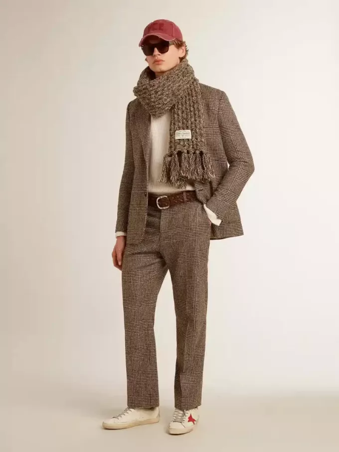 Blazer gri cu un singur rând de nasturi pentru bărbați, din lână cu model houndstooth Blazer gri cu un singur rând de nasturi pentru bărbați, din lână cu model houndstooth