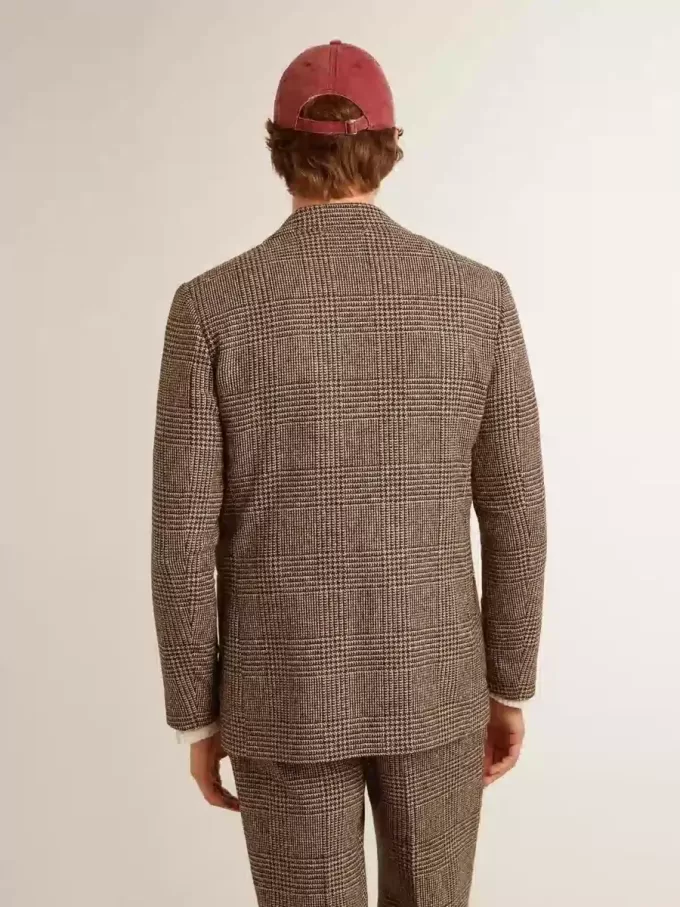 Blazer gri cu un singur rând de nasturi pentru bărbați, din lână cu model houndstooth Blazer gri cu un singur rând de nasturi pentru bărbați, din lână cu model houndstooth