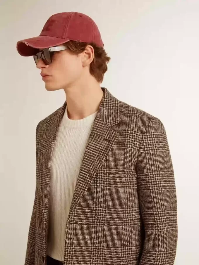Blazer gri cu un singur rând de nasturi pentru bărbați, din lână cu model houndstooth Blazer gri cu un singur rând de nasturi pentru bărbați, din lână cu model houndstooth
