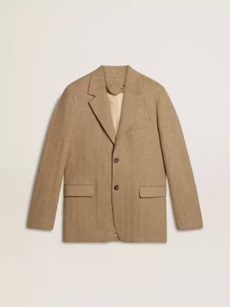 Blazer pentru bărbați, cu un singur rând de nasturi, din amestec de in de culoare nisipiu, cu model chevron.