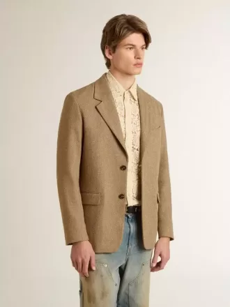 Blazer pentru bărbați, cu un singur rând de nasturi, din amestec de in de culoare nisipiu, cu model chevron.