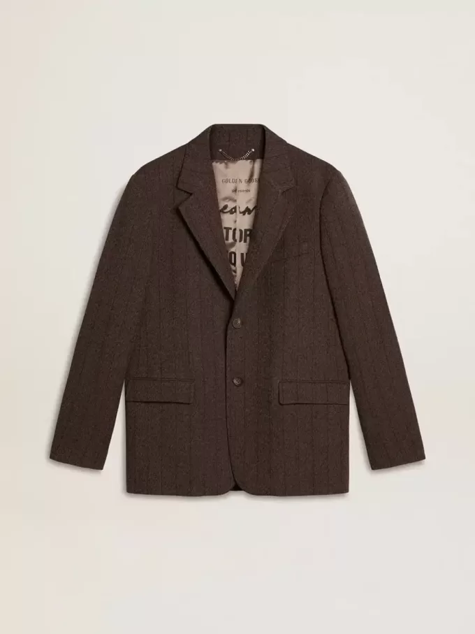 Blazer pentru bărbați, cu un singur rând de nasturi, din lână maro închis, cu model cu dungi subțiri Blazer pentru bărbați, cu un singur rând de nasturi, din lână maro închis, cu model cu dungi subțiri