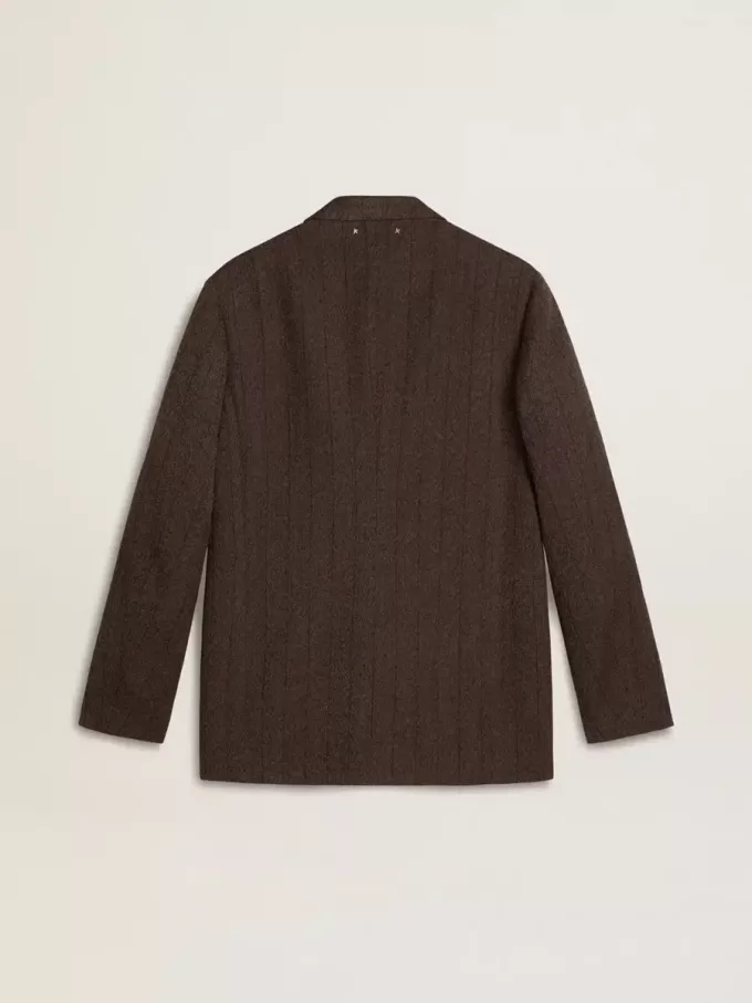 Blazer pentru bărbați, cu un singur rând de nasturi, din lână maro închis, cu model cu dungi subțiri Blazer pentru bărbați, cu un singur rând de nasturi, din lână maro închis, cu model cu dungi subțiri
