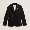 Blazer pentru femei, cu un singur rând de nasturi, din gabardină de lână albastru închis Blazer pentru femei, cu un singur rând de nasturi, din gabardină de lână albastru închis