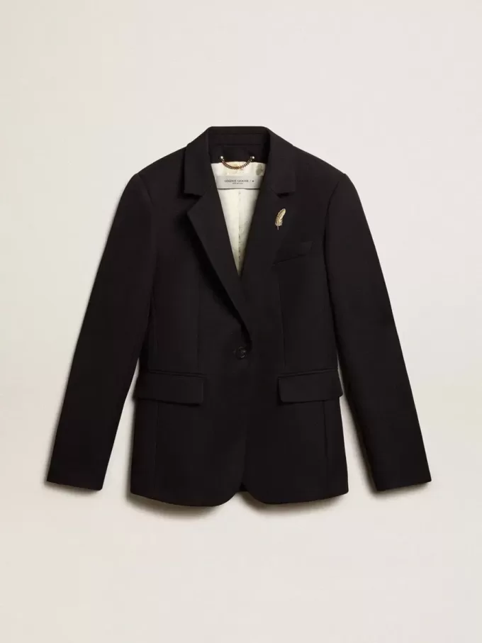 Blazer pentru femei, cu un singur rând de nasturi, din gabardină de lână albastru închis Blazer pentru femei, cu un singur rând de nasturi, din gabardină de lână albastru închis