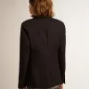 Blazer pentru femei, cu un singur rând de nasturi, din gabardină de lână albastru închis Blazer pentru femei, cu un singur rând de nasturi, din gabardină de lână albastru închis