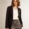 Blazer pentru femei, cu un singur rând de nasturi, din gabardină de lână albastru închis Blazer pentru femei, cu un singur rând de nasturi, din gabardină de lână albastru închis