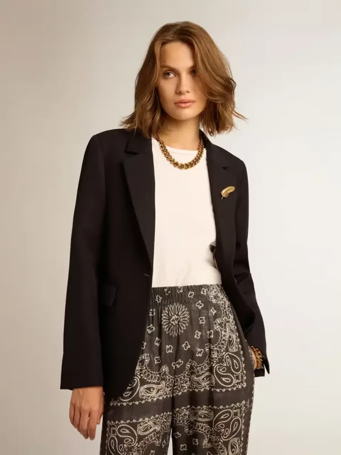 Blazer pentru femei, cu un singur rând de nasturi, din gabardină de lână albastru închis Blazer pentru femei, cu un singur rând de nasturi, din gabardină de lână albastru închis