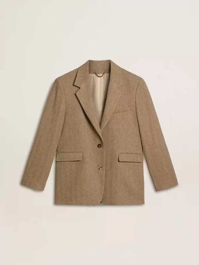 Blazer pentru femei cu un singur rând de nasturi, în culoarea nisipului, cu model în zig-zag Blazer pentru femei cu un singur rând de nasturi, în culoarea nisipului, cu model în zig-zag