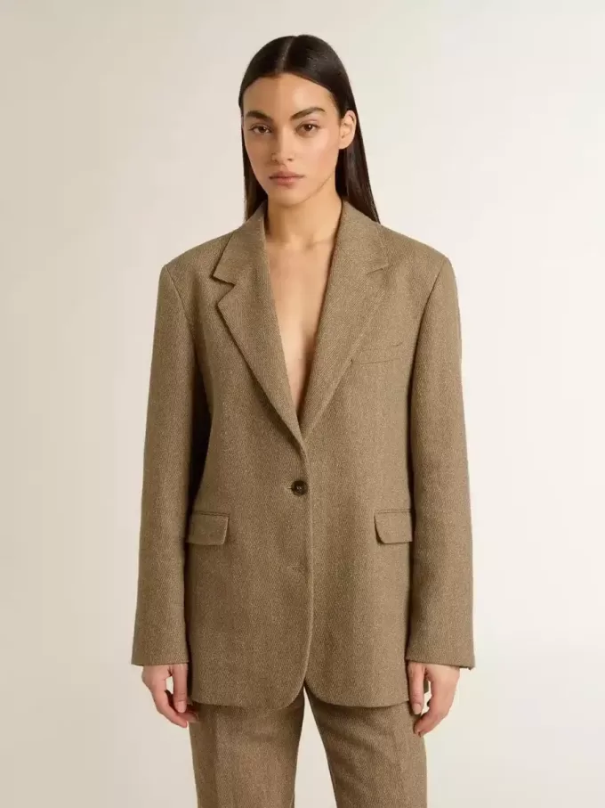 Blazer pentru femei cu un singur rând de nasturi, în culoarea nisipului, cu model în zig-zag Blazer pentru femei cu un singur rând de nasturi, în culoarea nisipului, cu model în zig-zag