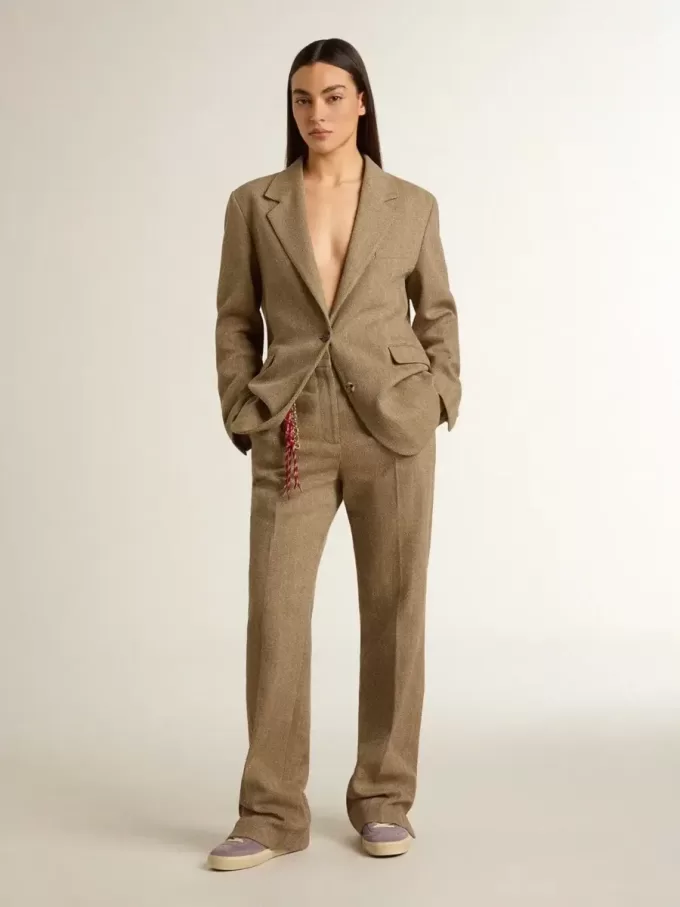 Blazer pentru femei cu un singur rând de nasturi, în culoarea nisipului, cu model în zig-zag Blazer pentru femei cu un singur rând de nasturi, în culoarea nisipului, cu model în zig-zag