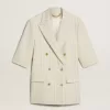 Blazer pentru femei din amestec de lână cu dungi albe și gri, cu mâneci scurte Blazer pentru femei din amestec de lână cu dungi albe și gri, cu mâneci scurte