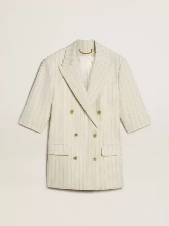 Blazer pentru femei din amestec de lână cu dungi albe și gri, cu mâneci scurte