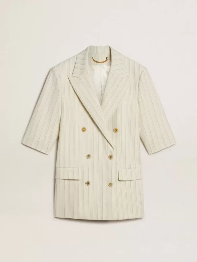 Blazer pentru femei din amestec de lână cu dungi albe și gri, cu mâneci scurte Blazer pentru femei din amestec de lână cu dungi albe și gri, cu mâneci scurte