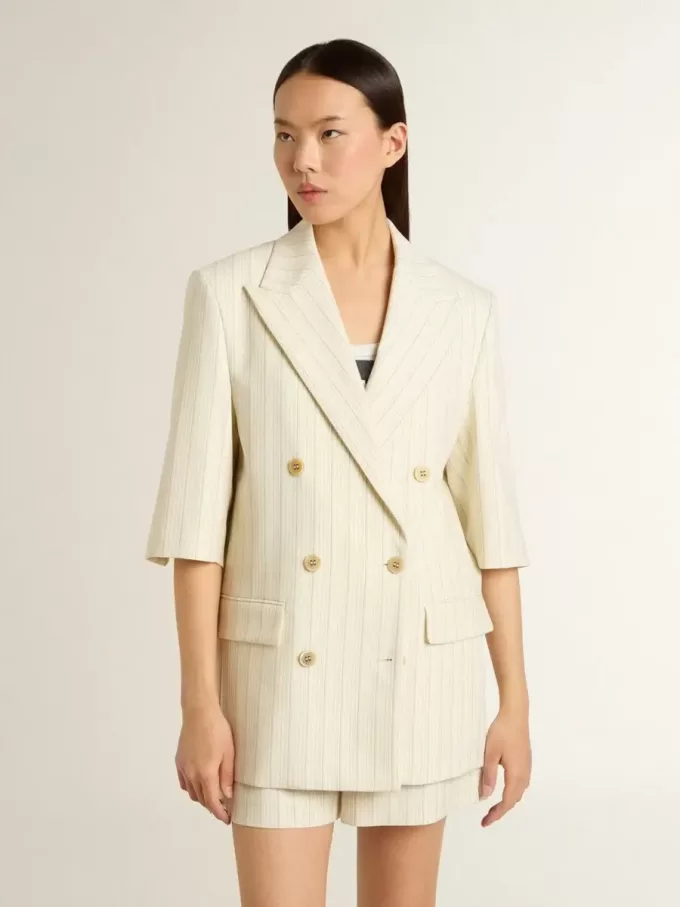 Blazer pentru femei din amestec de lână cu dungi albe și gri, cu mâneci scurte Blazer pentru femei din amestec de lână cu dungi albe și gri, cu mâneci scurte