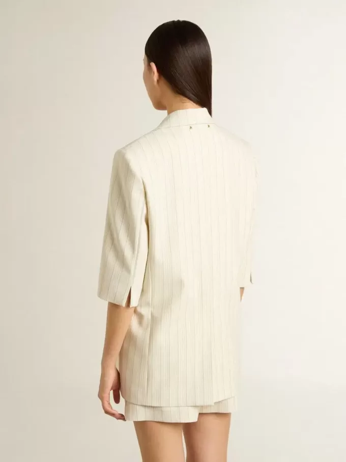 Blazer pentru femei din amestec de lână cu dungi albe și gri, cu mâneci scurte Blazer pentru femei din amestec de lână cu dungi albe și gri, cu mâneci scurte