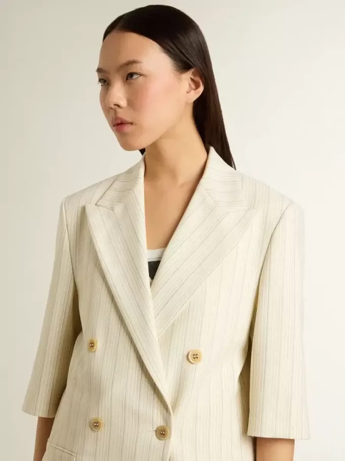 Blazer pentru femei din amestec de lână cu dungi albe și gri, cu mâneci scurte Blazer pentru femei din amestec de lână cu dungi albe și gri, cu mâneci scurte