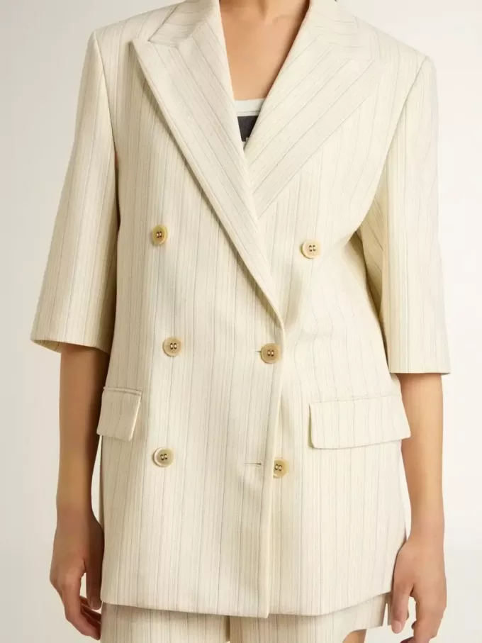Blazer pentru femei din amestec de lână cu dungi albe și gri, cu mâneci scurte Blazer pentru femei din amestec de lână cu dungi albe și gri, cu mâneci scurte