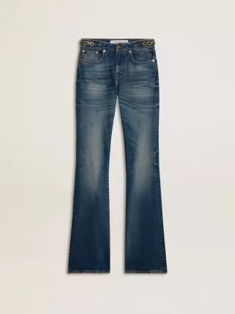 Blugi bootcut pentru femei, cu spălare vintage și detalii metalice