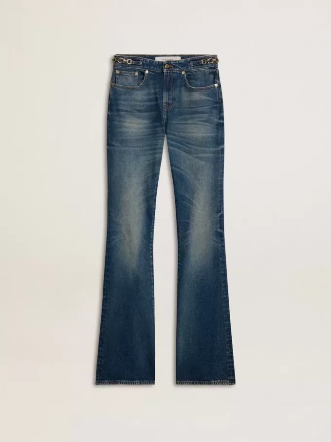 Blugi bootcut pentru femei, cu spălare vintage și detalii metalice Blugi bootcut pentru femei, cu spălare vintage și detalii metalice
