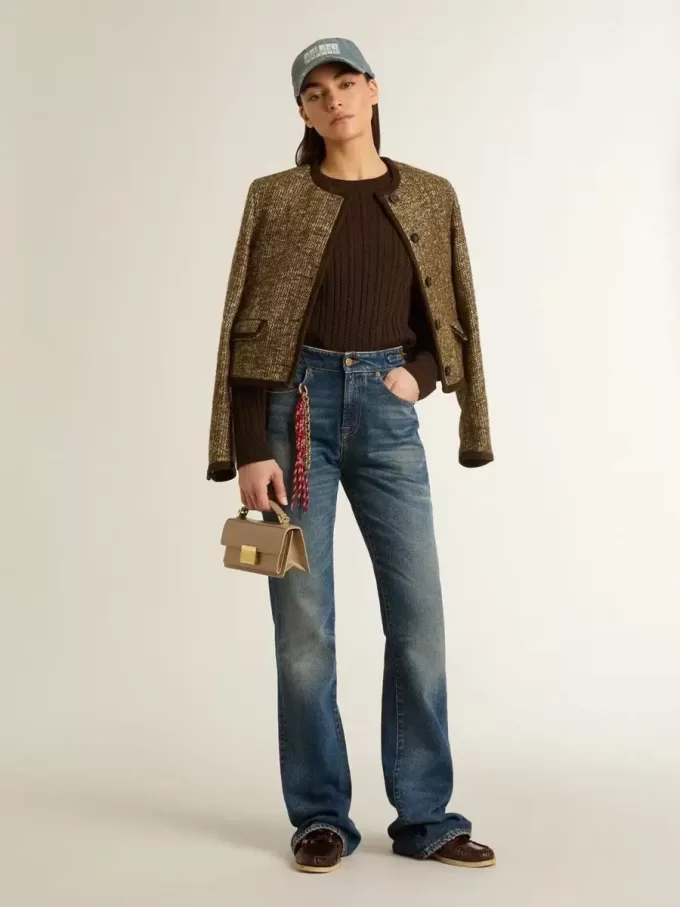 Blugi bootcut pentru femei, cu spălare vintage și detalii metalice Blugi bootcut pentru femei, cu spălare vintage și detalii metalice