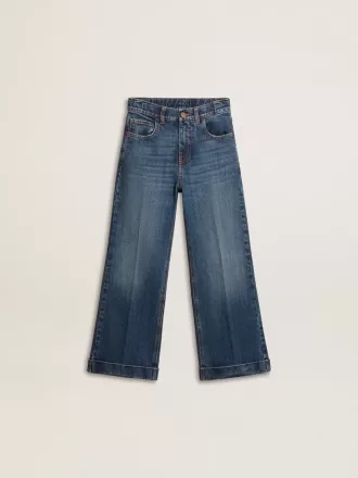 Blugi bootcut pentru fete, cu spălare medie și broderie
