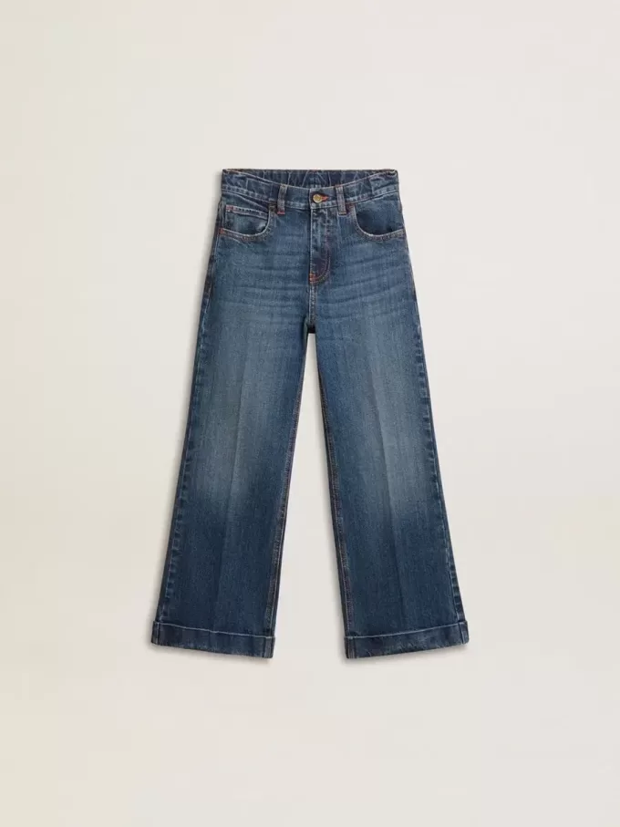 Blugi bootcut pentru fete, cu spălare medie și broderie Blugi bootcut pentru fete, cu spălare medie și broderie