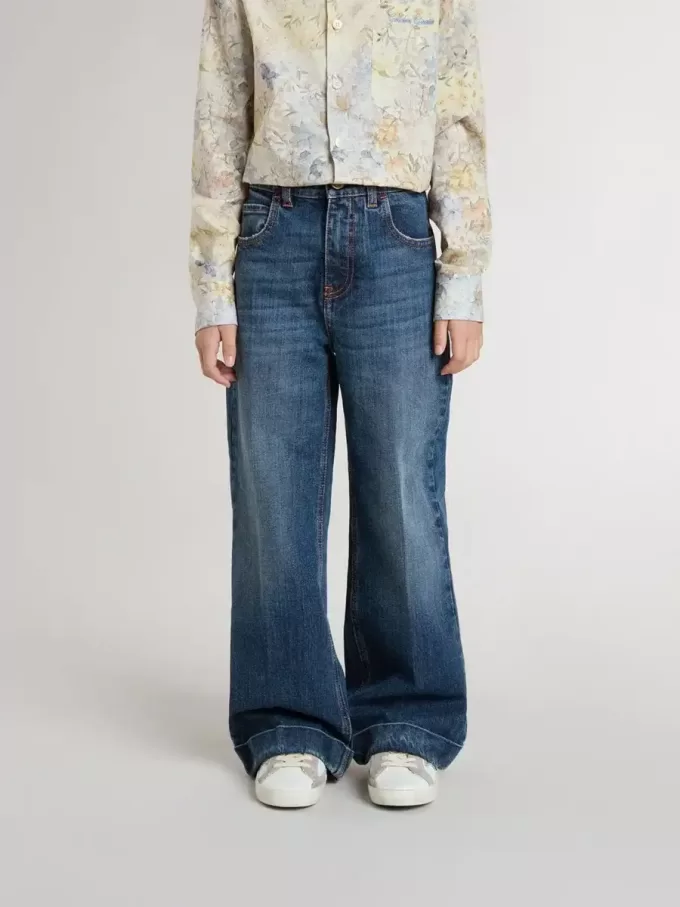 Blugi bootcut pentru fete, cu spălare medie și broderie Blugi bootcut pentru fete, cu spălare medie și broderie