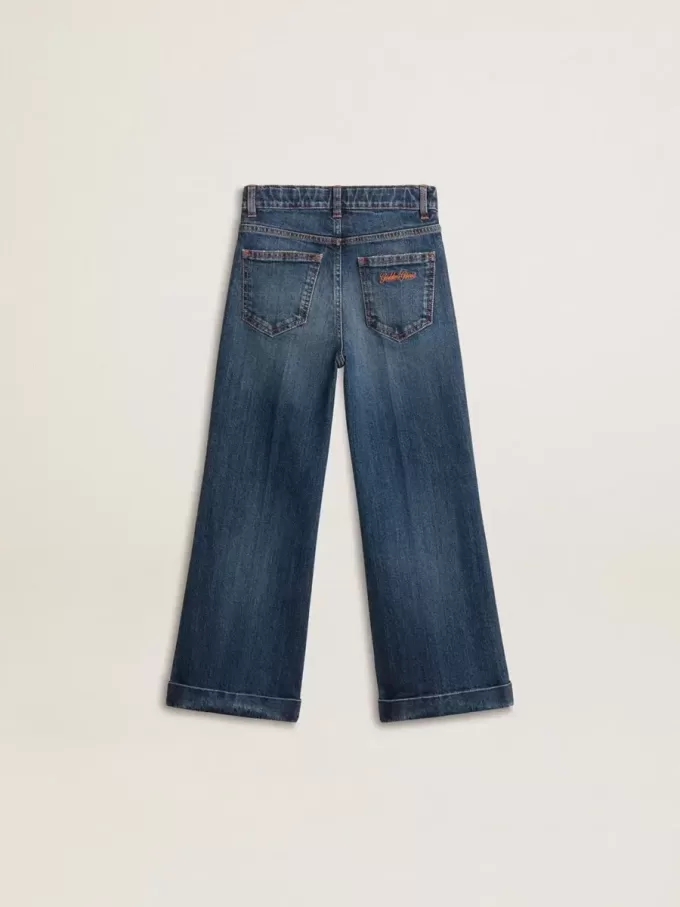 Blugi bootcut pentru fete, cu spălare medie și broderie Blugi bootcut pentru fete, cu spălare medie și broderie