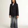 Blugi cu croi larg din denim albastru închis Blugi cu croi larg din denim albastru închis