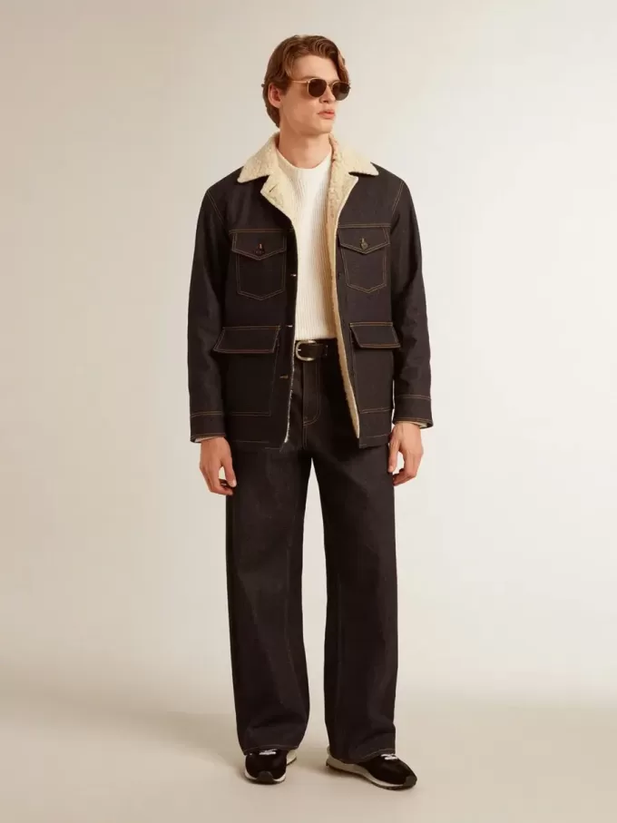 Blugi pentru bărbați, de culoare albastru închis, cu croi larg, din denim spălat o singură dată Blugi pentru bărbați, de culoare albastru închis, cu croi larg, din denim spălat o singură dată