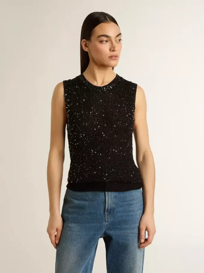 Bluză din tricot negru cu paiete și detalii contrastante Bluză din tricot negru cu paiete și detalii contrastante