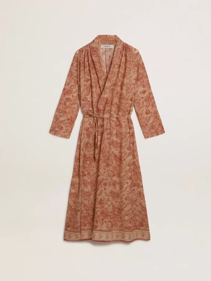 Caftan pentru femei din voal de bumbac cu imprimeu marin roșu cărămiziu pe toată suprafața Caftan pentru femei din voal de bumbac cu imprimeu marin roșu cărămiziu pe toată suprafața