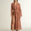 Caftan pentru femei din voal de bumbac cu imprimeu marin roșu cărămiziu pe toată suprafața Caftan pentru femei din voal de bumbac cu imprimeu marin roșu cărămiziu pe toată suprafața