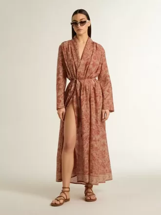 Caftan pentru femei din voal de bumbac cu imprimeu marin roșu cărămiziu pe toată suprafața
