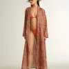 Caftan pentru femei din voal de bumbac cu imprimeu marin roșu cărămiziu pe toată suprafața Caftan pentru femei din voal de bumbac cu imprimeu marin roșu cărămiziu pe toată suprafața