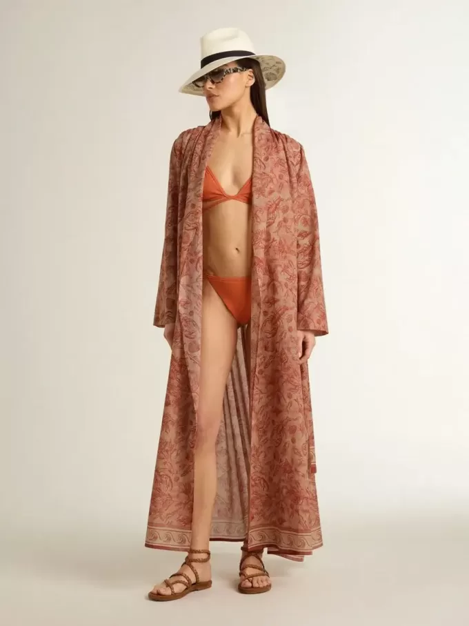 Caftan pentru femei din voal de bumbac cu imprimeu marin roșu cărămiziu pe toată suprafața Caftan pentru femei din voal de bumbac cu imprimeu marin roșu cărămiziu pe toată suprafața