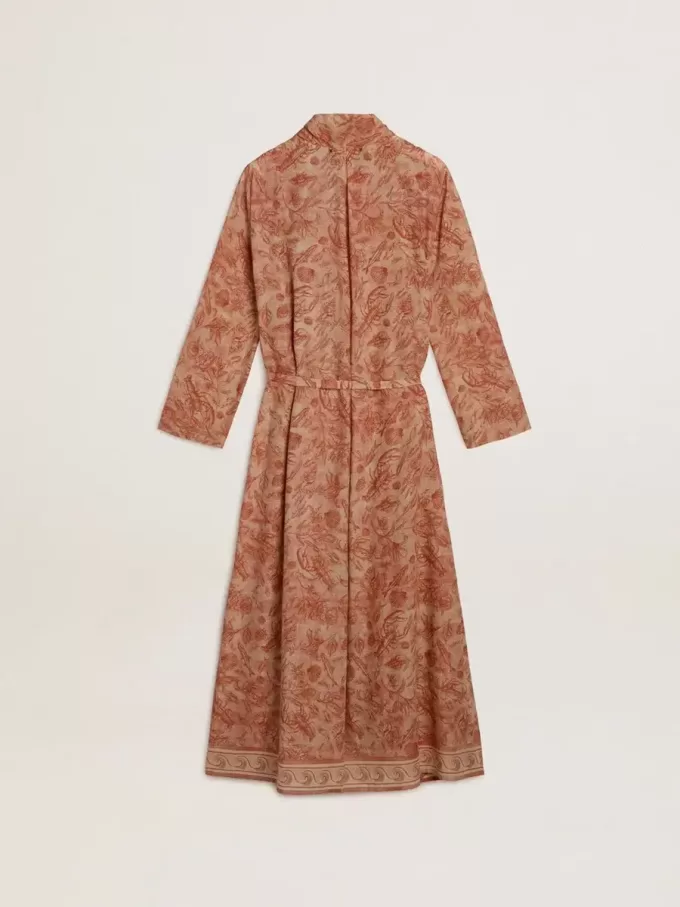 Caftan pentru femei din voal de bumbac cu imprimeu marin roșu cărămiziu pe toată suprafața Caftan pentru femei din voal de bumbac cu imprimeu marin roșu cărămiziu pe toată suprafața