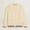 Cardigan alb din bumbac pentru bărbați, cu model împletit și nervuri albastre Cardigan alb din bumbac pentru bărbați, cu model împletit și nervuri albastre