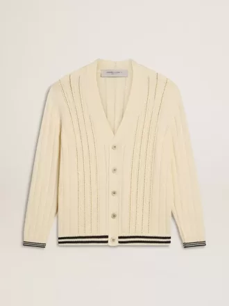Cardigan alb din bumbac pentru bărbați, cu model împletit și nervuri albastre Cardigan alb din bumbac pentru bărbați, cu model împletit și nervuri albastre