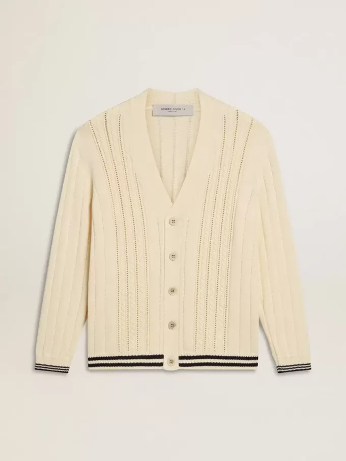 Cardigan alb din bumbac pentru bărbați, cu model împletit și nervuri albastre Cardigan alb din bumbac pentru bărbați, cu model împletit și nervuri albastre