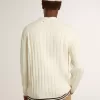 Cardigan alb din bumbac pentru bărbați, cu model împletit și nervuri albastre Cardigan alb din bumbac pentru bărbați, cu model împletit și nervuri albastre