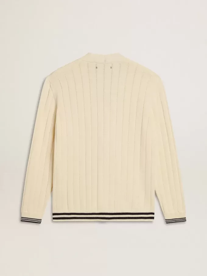 Cardigan alb din bumbac pentru bărbați, cu model împletit și nervuri albastre Cardigan alb din bumbac pentru bărbați, cu model împletit și nervuri albastre