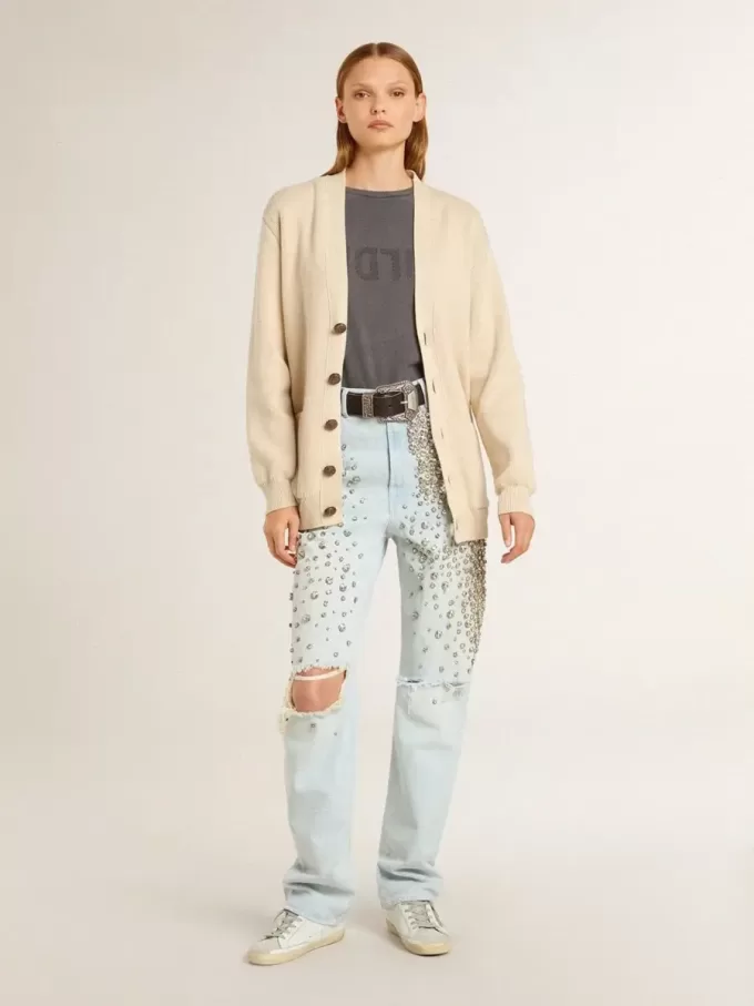 Cardigan bej pentru femei, cu inscripția „Golden” pe spate Cardigan bej pentru femei, cu inscripția „Golden” pe spate
