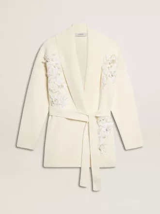 Cardigan din bumbac de culoare crem pentru femei, cu broderie florală