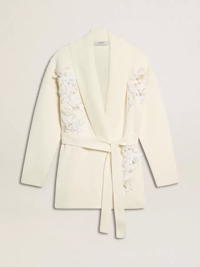 Cardigan din bumbac de culoare crem pentru femei, cu broderie florală Cardigan din bumbac de culoare crem pentru femei, cu broderie florală