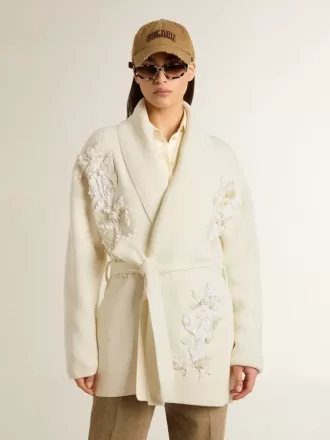 Cardigan din bumbac de culoare crem pentru femei, cu broderie florală