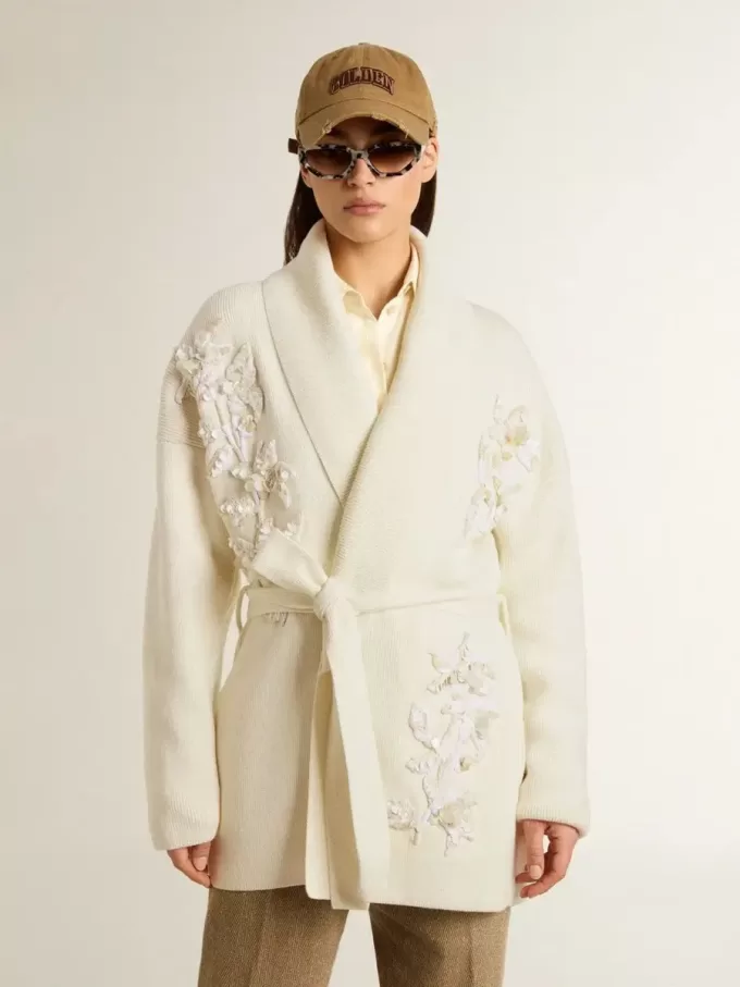 Cardigan din bumbac de culoare crem pentru femei, cu broderie florală Cardigan din bumbac de culoare crem pentru femei, cu broderie florală