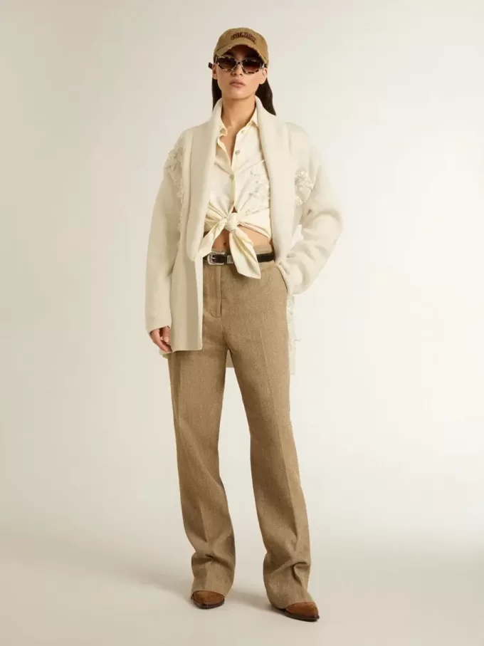 Cardigan din bumbac de culoare crem pentru femei, cu broderie florală Cardigan din bumbac de culoare crem pentru femei, cu broderie florală